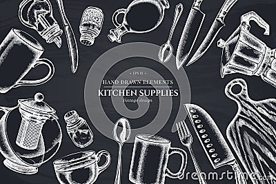 Floral design with chalk Chef s knifes, teaspoon, spoon, fork, knife, cutting board, bottle of oil, teapots, coffee pot Vector Illustration