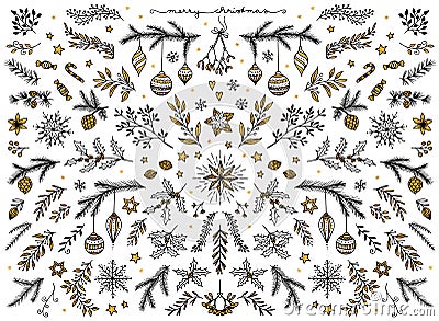 Floral design elements for Christmas, with gold foil Vector Illustration