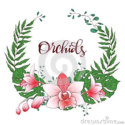 Floral design frame. Orchid, eucalyptus, greenery. Wedding card. Vector Illustration