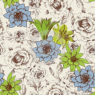 Floral design in retrol colors seamless pattern Vector Illustration