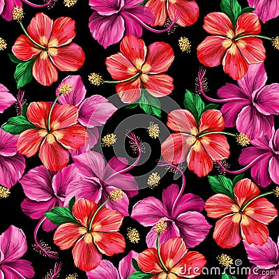 Floral digital pattern with Hibiscus on black background. Seamless summer tropical fabric design. Hand drawn Cartoon Illustration