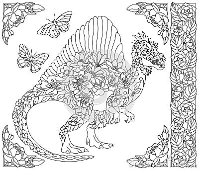 Floral dinosaur coloring book page Vector Illustration