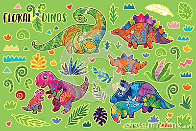 Floral dinosaurs. Bright sticker set. Vector illustration Vector Illustration