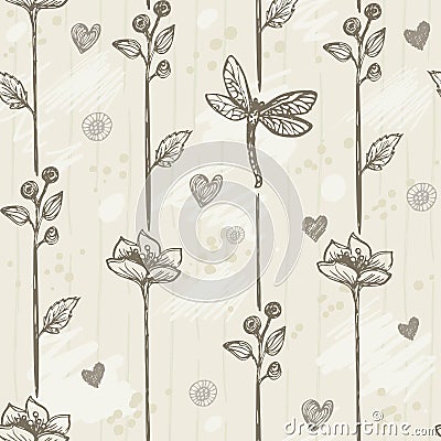 Floral dragonfly abstract background, seamless. illustration Cartoon Illustration