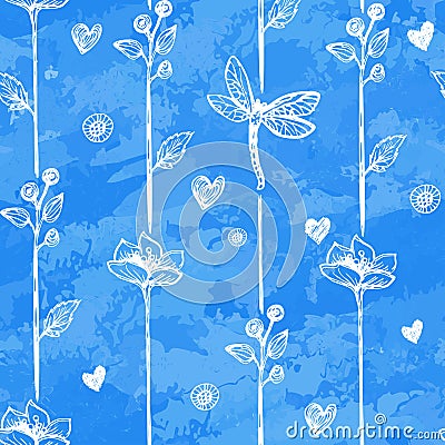 Floral dragonfly abstract background, seamless. Vector illustration Vector Illustration