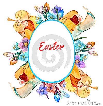 Floral Easter frame with angels. Bright, multicolored watercolor hand drawn Easter egg frame, lettering `Easter`. Stock Photo