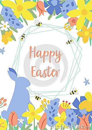 Floral easter poster. Spring flowers, rabbit bunny banner template for Easter Egg hunt. Greeting card garden Cartoon Illustration