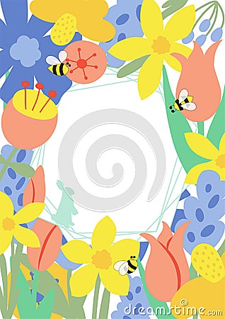 Floral easter poster. Spring meadow flowers, rabbit bunny banner template for Easter Egg hunt. Greeting card bright Cartoon Illustration