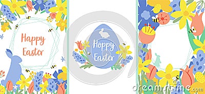 Floral easter posters set Spring flowers, rabbit bunny banner template collection. Easter Egg hunt. Greeting card Bright Cartoon Illustration
