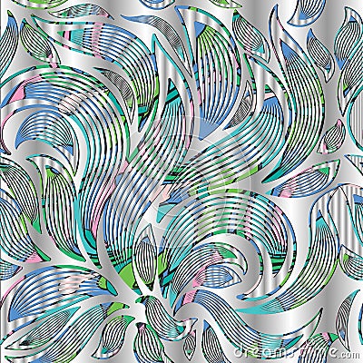 Floral elegance 3d seamless pattern. Silver vector background wa Vector Illustration