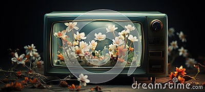Floral Elegance: Television Embellished with Beautiful Blossoms Stock Photo