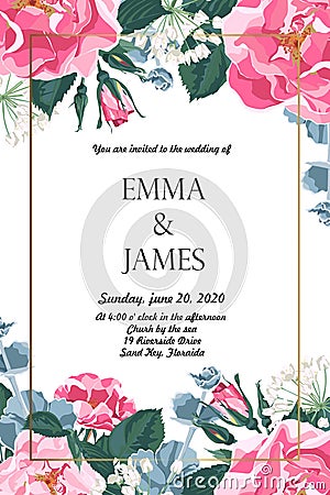 Floral elegant invite card gold frame design: garden flower pink dog roses, tender greenery. Vector Illustration