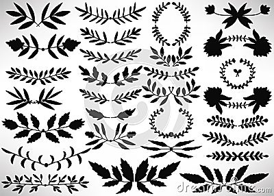 Big Floral Set of black hand drawn dividers, laurel wreaths, leaves, flowers, branches isolated on white Vector Illustration