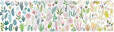 Floral elements big collection - leaves, plants, flowers. Cute hand drawn style Vector Illustration