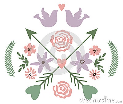 Floral elements with crossed arrow. Decorative composition Vector Illustration