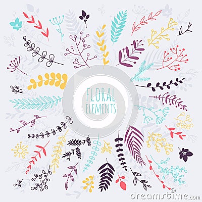 Floral elements. Hand drawn design elements. Collection of spring flowers, leaves, dandelion, grass. Design for Vector Illustration