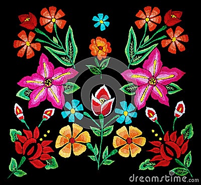 Floral embroidery on black Stock Photo