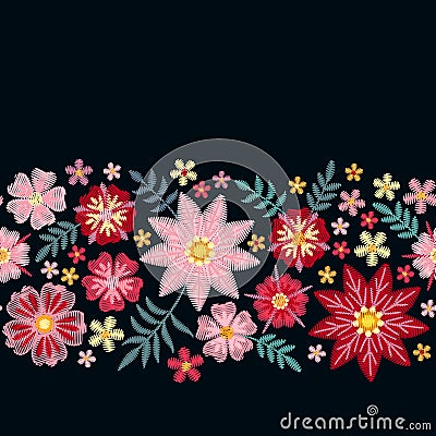 Floral embroidery. Horizontal seamless line with beautiful flowers on black background. Template for greeting and invitations card Vector Illustration