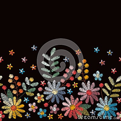 Floral embroidery. Seamless embroidered border with flowers, leaves and berries on black background. Vector Illustration