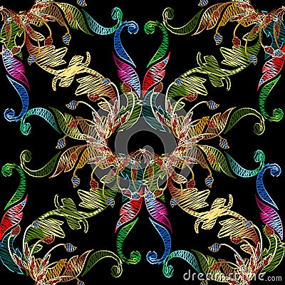 Floral embroidery vector seamless pattern. Abstract tapestry col Vector Illustration