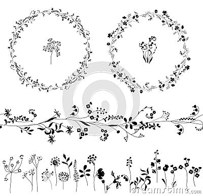 Floral endless pattern brush made of different plants. Vector Illustration