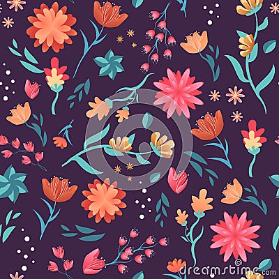 Floral fairytale seamless pattern made of bright flowers in fantasy style. Vector cartoon childrens background Vector Illustration