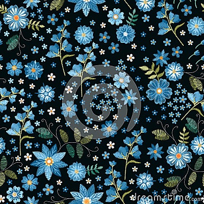 Floral fancywork. Embroidered seamless pattern. Embroidery blue flowers on black background. Print for fabric and textile Vector Illustration