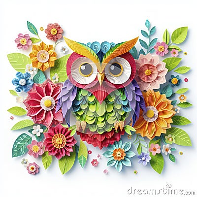 Floral Fantasy: Kirigami Owl in a Burst of Colors Stock Photo