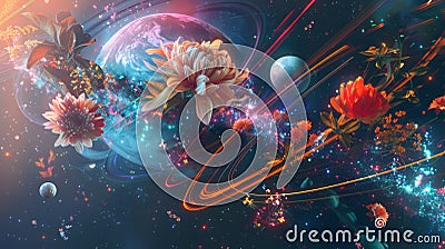 Floral Fantasy Space Scene with Vibrant Planets and Comets Stock Photo