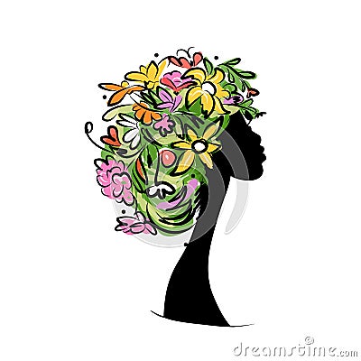 Floral female portrait, pretty woman profile. Design for fashion cards, banners, posters Vector Illustration