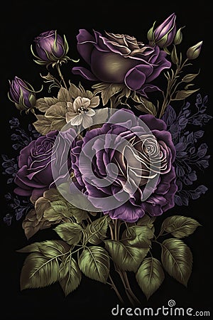 Floral fine art colorful low key portrait of blooming purple pink roses Stock Photo