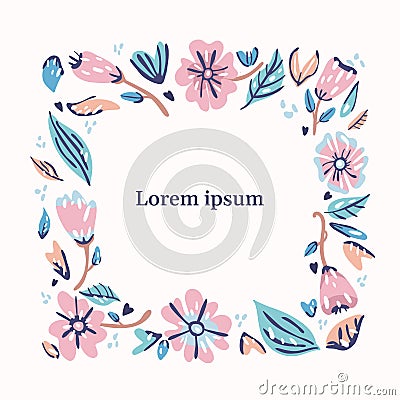 Floral flat hand drawn color background. Copy space. Vector Illustration