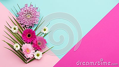 Floral flat lay Happy Mother`s Day, Women`s Day, Valentine`s Day or Birthday background. Stock Photo