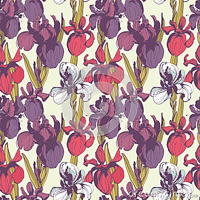 Floral flower iris seamless hand drawn pattern.Colored ink splat Cartoon Illustration