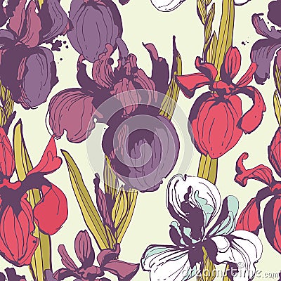 Floral flower iris seamless hand drawn pattern.Colored ink splat Cartoon Illustration