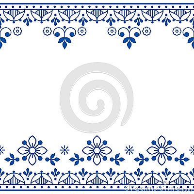 Scandinavian folk art outline vector greeting card and seamless texttile pattern, navy blue retro design with flowers Stock Photo