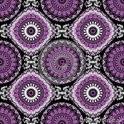 Floral folkloric round mandalas seamless pattern. Vector purple abstract background. Repeat geometric backdrop. Ethnic Vector Illustration