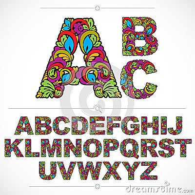 Floral font, hand-drawn vector capital alphabet letters decorate Vector Illustration