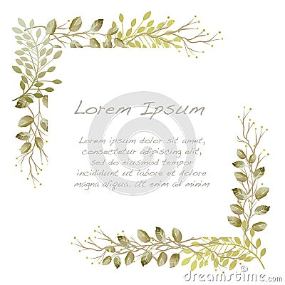 Vector Watercolor Square Botanical Frame Isolated On A White Background. Stock Photo