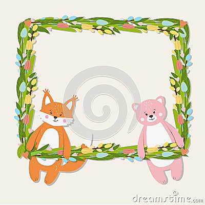 Floral frame with cute funny fox and bear Stock Photo