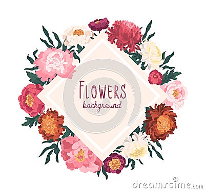 Floral frame decorated by japanese peonies and chrysanthemum vector flat illustration. Colored background with flowers Vector Illustration