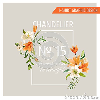 Floral Frame Graphic Design - Summer Lily Flowers - for T-shirt Vector Illustration