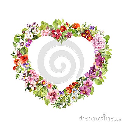 Floral frame - heart shape. Summer flowers, meadow herbs, wild grass. Watercolor for Valentine day Stock Photo