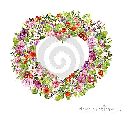 Floral frame - heart shape. Summer flowers, meadow herbs, wild grass. Watercolor for Valentine day Stock Photo