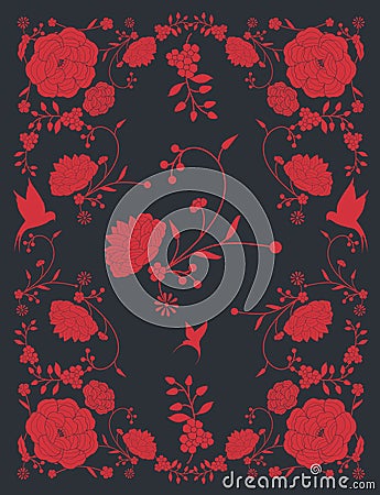 Floral frame inspired by embroidered fabrics in vintage oriental style Vector Illustration