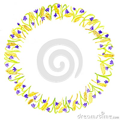 Floral frame isolated on a white background. Bluebells and wheat ears arranged in a circle. Stock Photo