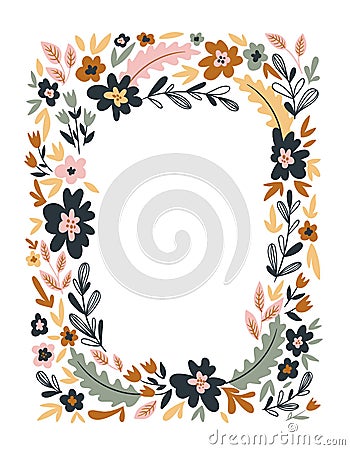 Vector floral frame isolated on the white background. Cute flat floral wreath perfect for wedding invitations and birthday cards. Vector Illustration