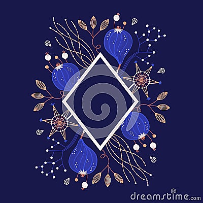 Floral frame of mysterious witch night flowers. Design with mysterious magic plants in blue and brown colors Vector Illustration