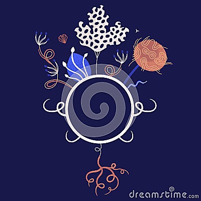 Floral frame of mysterious witch night flowers. Design with mysterious magic plants in blue and brown colors Vector Illustration