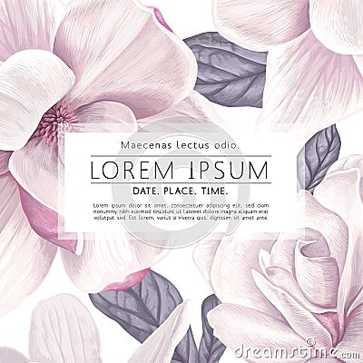 FlorGreeting card template with realistic floral elements of white magnolia flowers and leaves.l_Frame_Peonies Vector Illustration